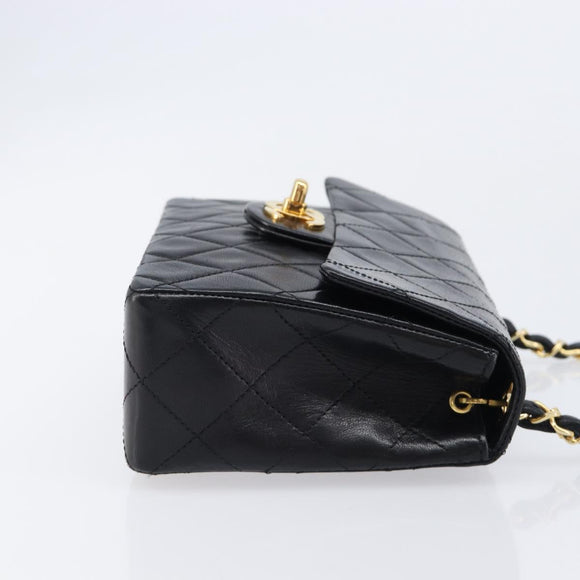 CHANEL Mini Matelasse 17 Chain Bag Lamb Skin Black Gold CC Auth 214790SV