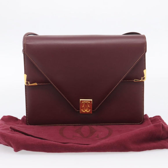 Cartier Must Line Shoulder Bag Leather Bordeaux Gold Auth 214810V