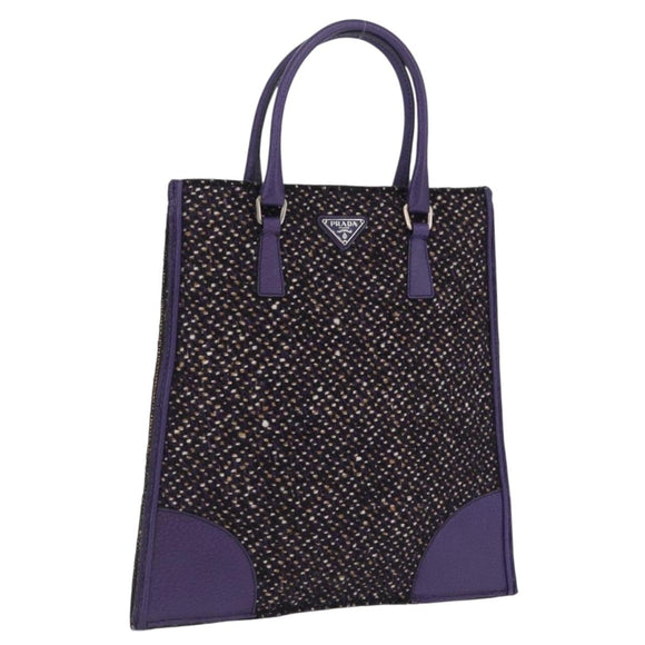 PRADA Hand Bag Leather Tweed Purple Silver Auth 214844A