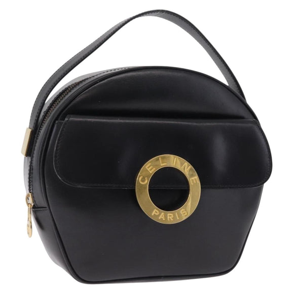 CELINE Circle Hand Bag Leather Black Gold Auth 214852