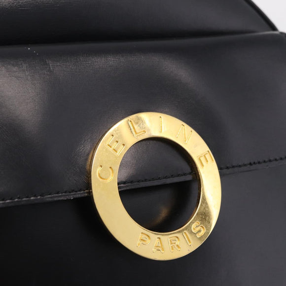 CELINE Circle Hand Bag Leather Black Gold Auth 214852