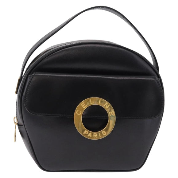 CELINE Circle Hand Bag Leather Black Gold Auth 214852