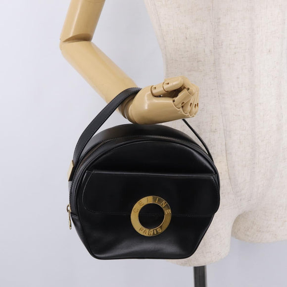 CELINE Circle Hand Bag Leather Black Gold Auth 214852