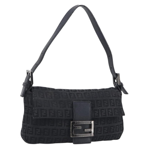 FENDI Zucchino Canvas Mamma Baguette Bag Black Silver 8BR180 Auth 214853