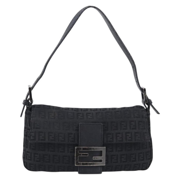 FENDI Zucchino Canvas Mamma Baguette Bag Black Silver 8BR180 Auth 214853