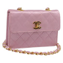 CHANEL Matelasse Chain Shoulder Bag Satin Pink Gold CC Auth 214867V-1