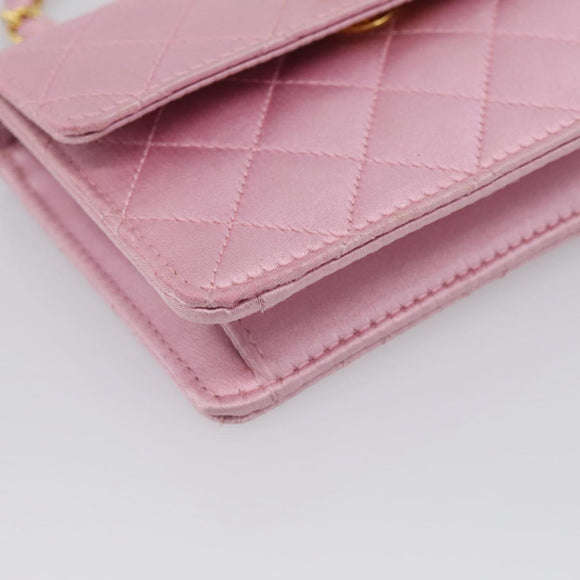 CHANEL Matelasse Chain Shoulder Bag Satin Pink Gold CC Auth 214867V