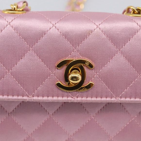 CHANEL Matelasse Chain Shoulder Bag Satin Pink Gold CC Auth 214867V