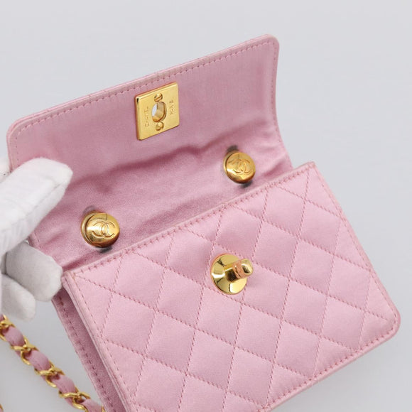 CHANEL Matelasse Chain Shoulder Bag Satin Pink Gold CC Auth 214867V