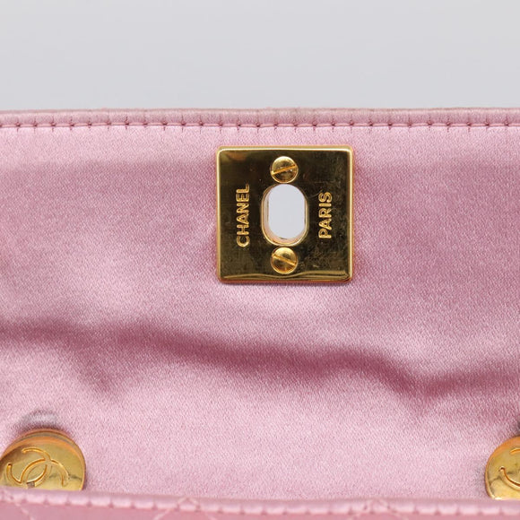 CHANEL Matelasse Chain Shoulder Bag Satin Pink Gold CC Auth 214867V