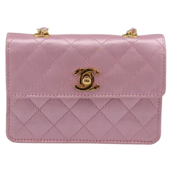 CHANEL Matelasse Chain Shoulder Bag Satin Pink Gold CC Auth 214867V