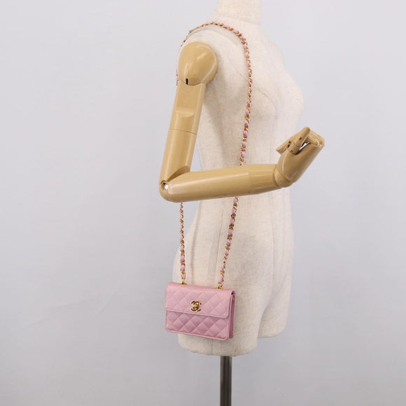 CHANEL Matelasse Chain Shoulder Bag Satin Pink Gold CC Auth 214867V