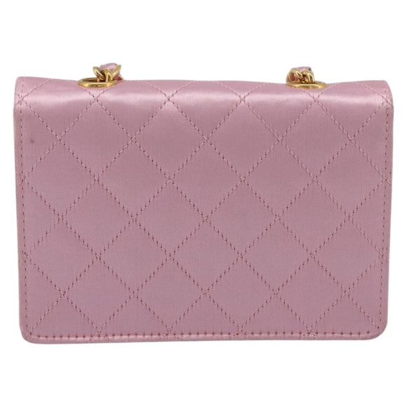 CHANEL Matelasse Chain Shoulder Bag Satin Pink Gold CC Auth 214867V