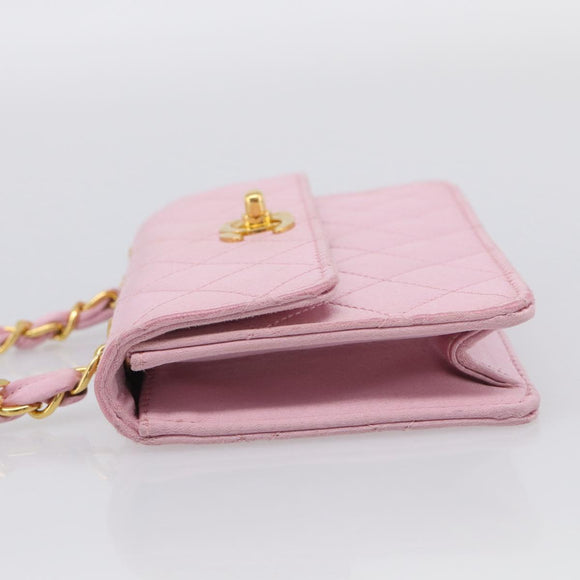 CHANEL Matelasse Chain Shoulder Bag Satin Pink Gold CC Auth 214867V