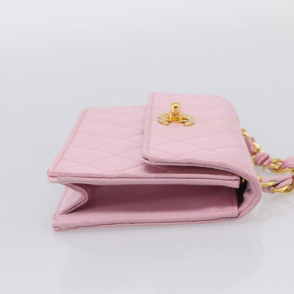 CHANEL Matelasse Chain Shoulder Bag Satin Pink Gold CC Auth 214867V