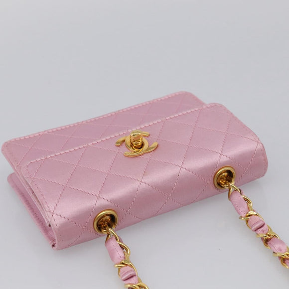 CHANEL Matelasse Chain Shoulder Bag Satin Pink Gold CC Auth 214867V