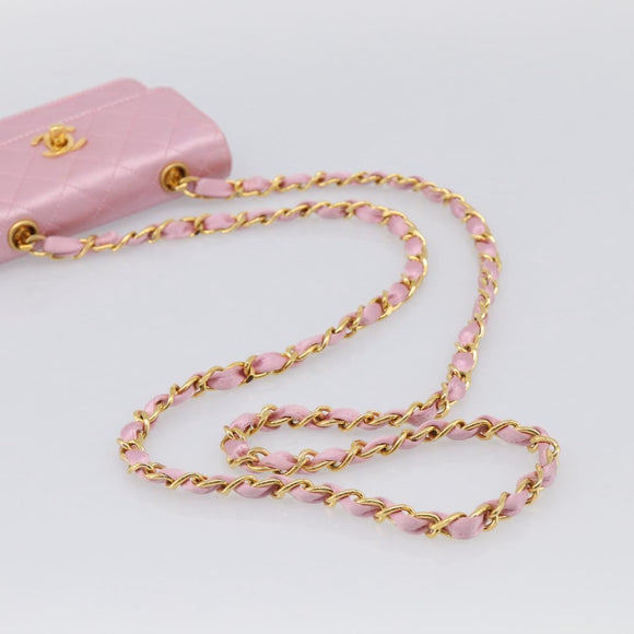 CHANEL Matelasse Chain Shoulder Bag Satin Pink Gold CC Auth 214867V