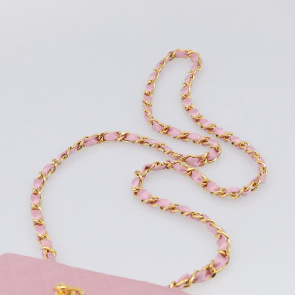 CHANEL Matelasse Chain Shoulder Bag Satin Pink Gold CC Auth 214867V