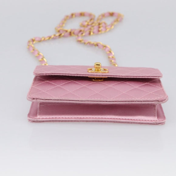 CHANEL Matelasse Chain Shoulder Bag Satin Pink Gold CC Auth 214867V