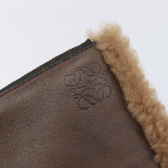 LOEWE Clutch Bag Leather Mouton Brown Silver Auth 214913A