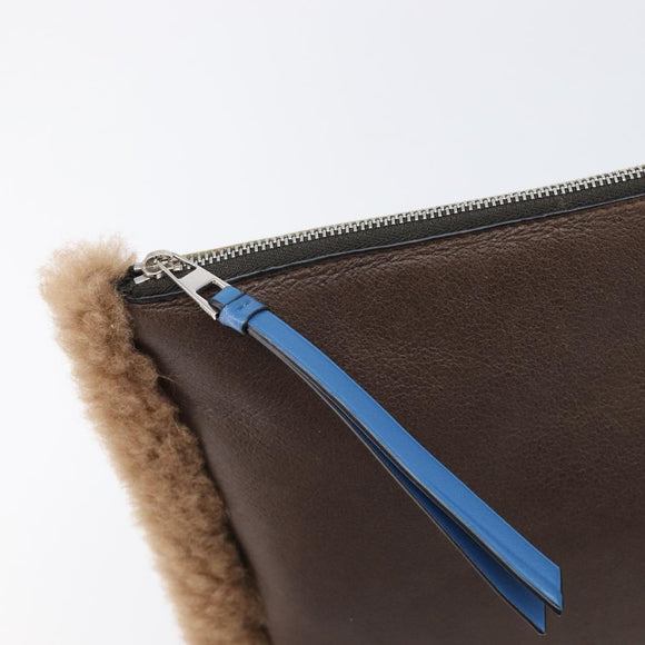 LOEWE Clutch Bag Leather Mouton Brown Silver Auth 214913A