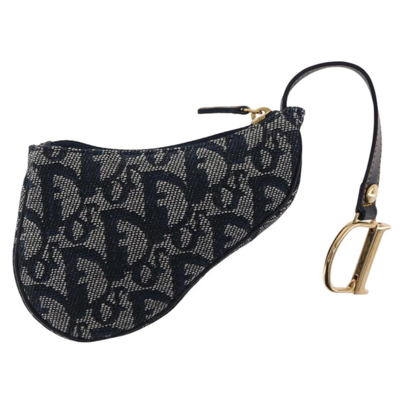 Christian Dior Trotter Canvas saddle Pouch Navy Gold Auth 214920V