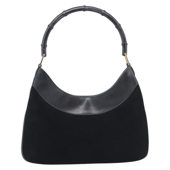 GUCCI Bamboo Jackie Shoulder Bag Suede Black Gold 001 4062 Auth 214927A