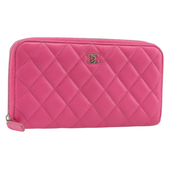 CHANEL Matelasse Wallet Caviar Skin Pink Gold CC Auth 214961M