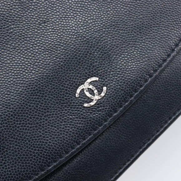 CHANEL Chain Shoulder Wallet Bag Caviar Skin Navy Silver CC Auth 215363V