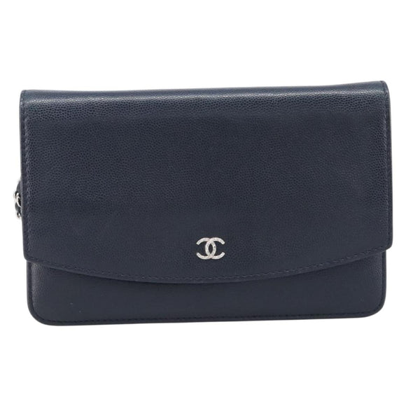 CHANEL Chain Shoulder Wallet Bag Caviar Skin Navy Silver CC Auth 215363V