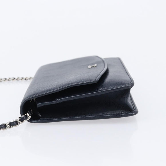 CHANEL Chain Shoulder Wallet Bag Caviar Skin Navy Silver CC Auth 215363V