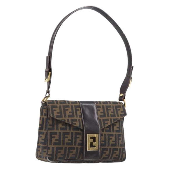 FENDI Zucca Canvas Shoulder Bag Brown Black Auth 215364