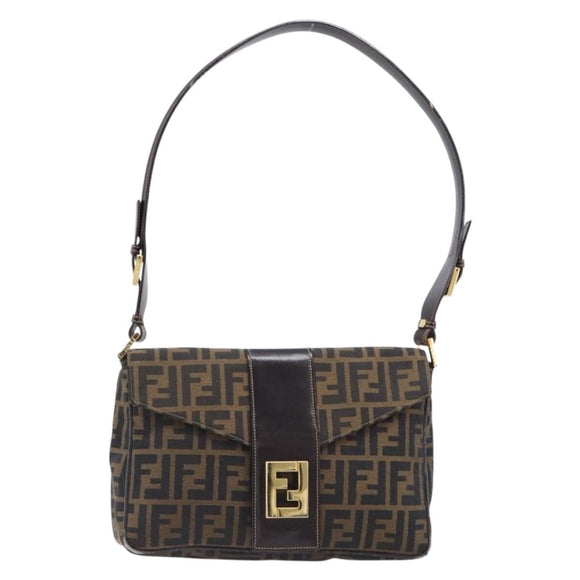 FENDI Zucca Canvas Shoulder Bag Brown Black Auth 215364