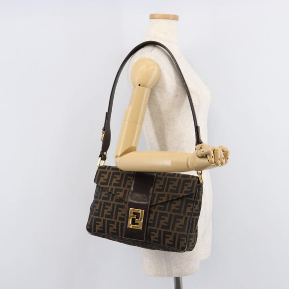 FENDI Zucca Canvas Shoulder Bag Brown Black Auth 215364