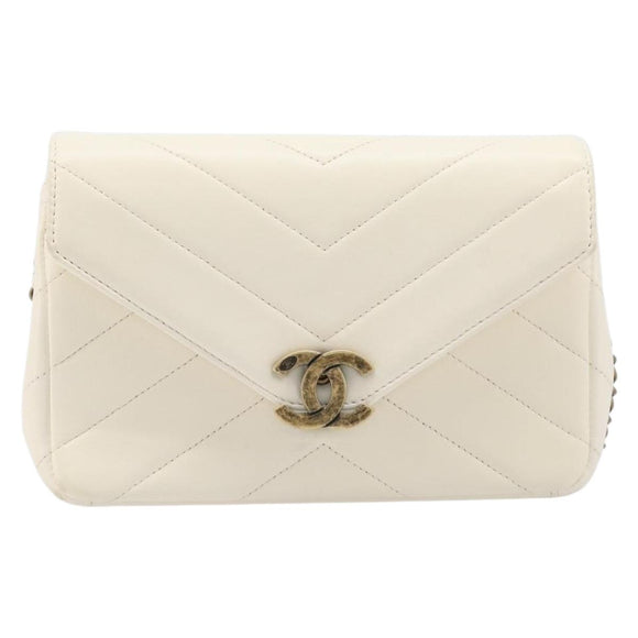 CHANEL Chain Shoulder Bag Lamb Skin Ivory CC Auth 215393V