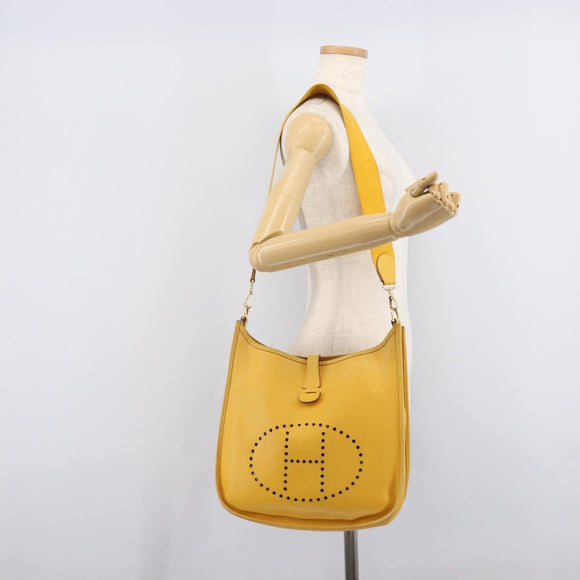 HERMES Evelyn 1PM Shoulder Bag Leather Yellow Silver Auth 215394A