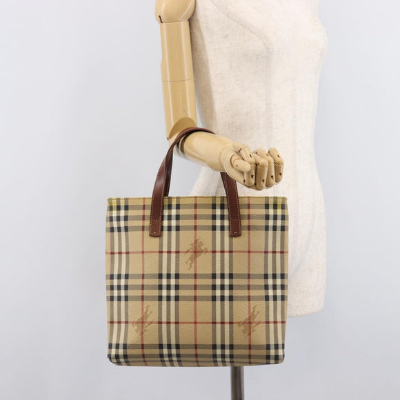 BURBERRY Nova Check Hand Bag PVC Beige Gold Auth 215413