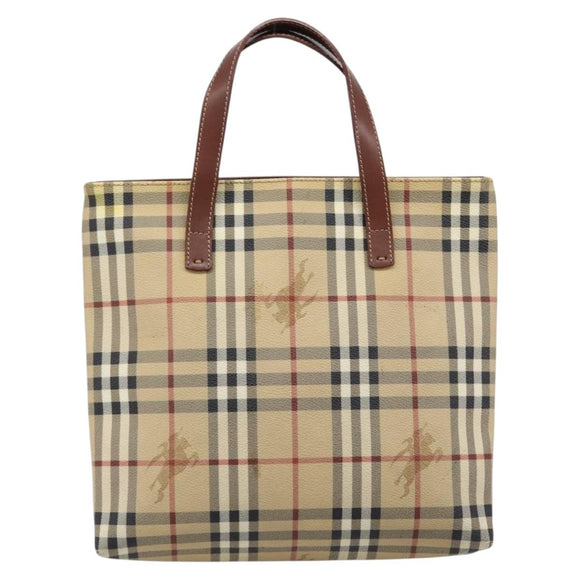 BURBERRY Nova Check Hand Bag PVC Beige Gold Auth 215413