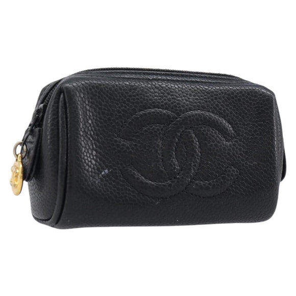 CHANEL Pouch Caviar Skin Black Gold CC Auth 215418