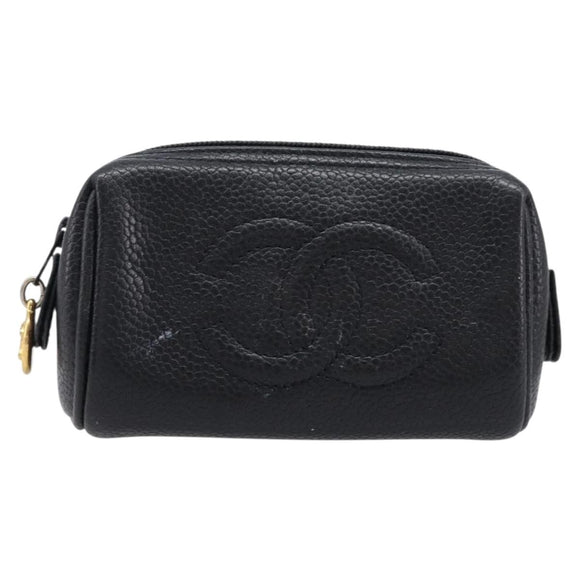 CHANEL Pouch Caviar Skin Black Gold CC Auth 215418