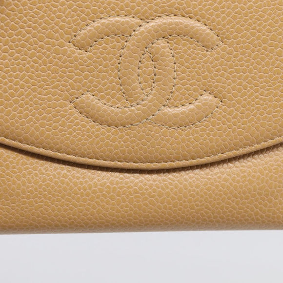 CHANEL Wallet Caviar Skin Beige Gold CC Auth 215436