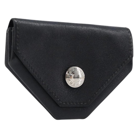 HERMES Revan Cattle Coin Purse Leather Black Silver Auth 215443A