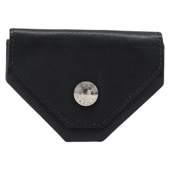 HERMES Revan Cattle Coin Purse Leather Black Silver Auth 215443A