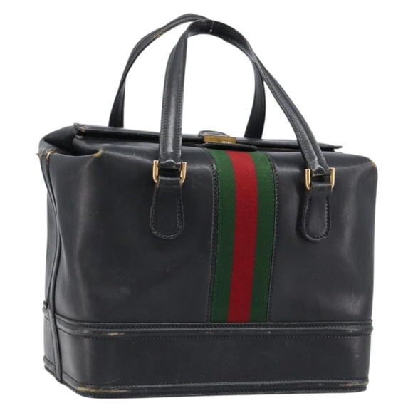 GUCCI Web Sherry Line Boston Bag Leather Black Gold Auth 215521