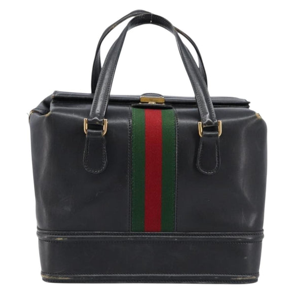 GUCCI Web Sherry Line Boston Bag Leather Black Gold Auth 215521
