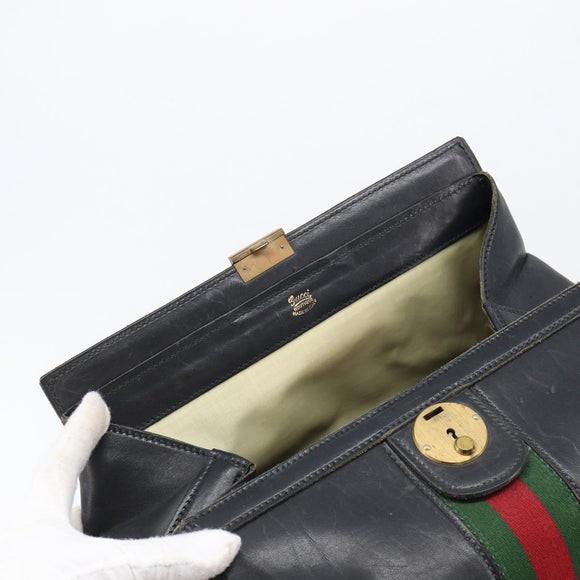 GUCCI Web Sherry Line Boston Bag Leather Black Gold Auth 215521