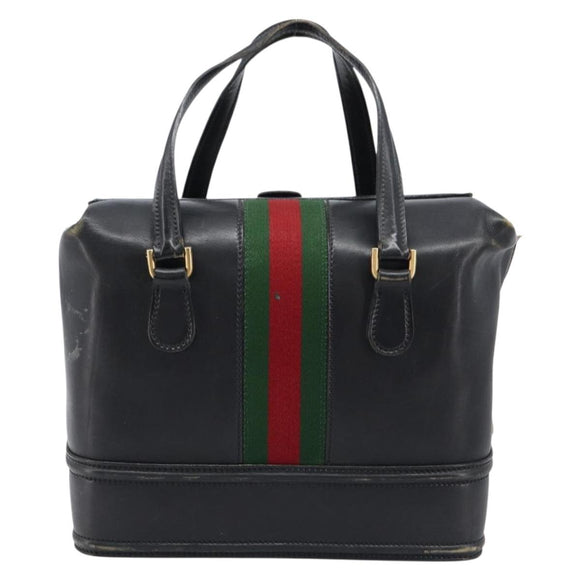 GUCCI Web Sherry Line Boston Bag Leather Black Gold Auth 215521