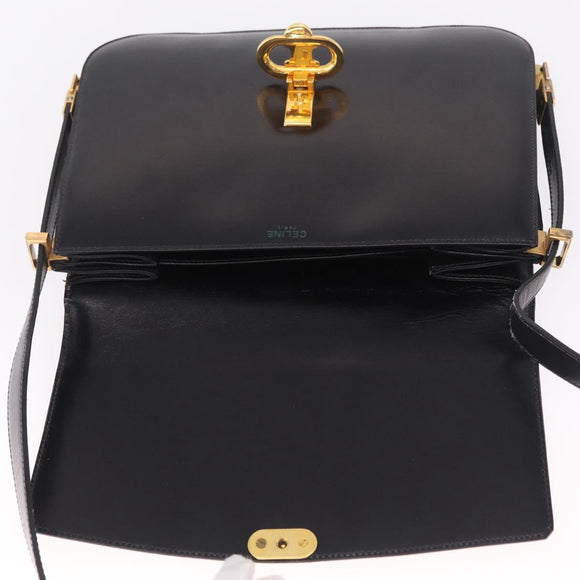 CELINE Macadam Shoulder Bag Leather Black Gold Auth 215522