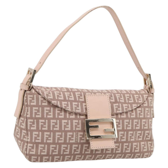 FENDI Zucchino Canvas Mamma Baguette Shoulder Bag Beige Gold Auth 215525V