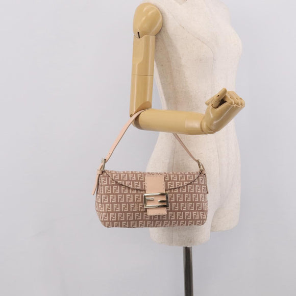 FENDI Zucchino Canvas Mamma Baguette Shoulder Bag Beige Gold Auth 215525V